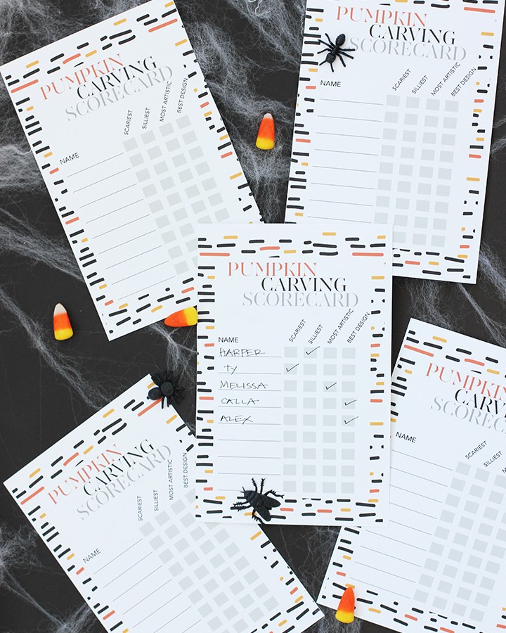 Here's a cute idea for a Halloween party – Free Printable Pumpkin Carving Scorecards