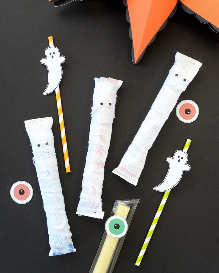 Ghost straw toppers, mummy yogurt tubes and monster eye cheese sticks – perfect Halloween snack ideas