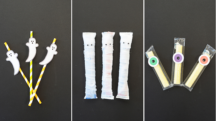 Ghost straw toppers, mummy yogurt tuberz and monster eye cheese sticks – the perfect snacks for Halloween!