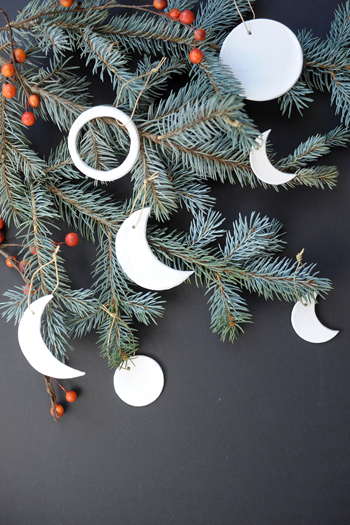 Easy air dry clay ornaments in the shapes of the moon phases. 