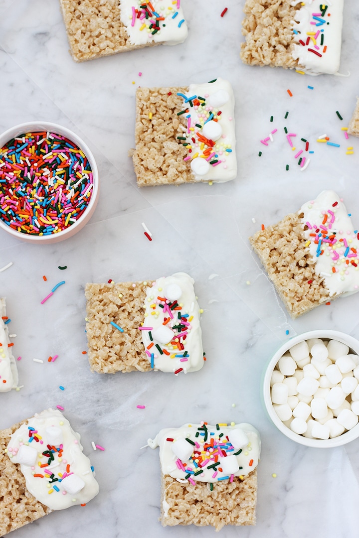 Birthday Party Banner and treats - make your own chocolate dipped rice crispy treats at the party!