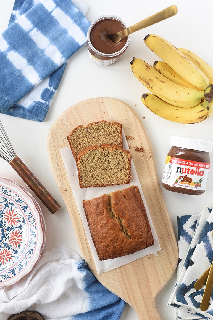 Our favorite banana bread recipe topped with Nutella.