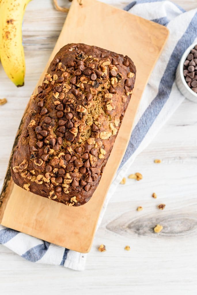 Try this healthy banana bread recipe with greek yogurt and maple syrup in it.