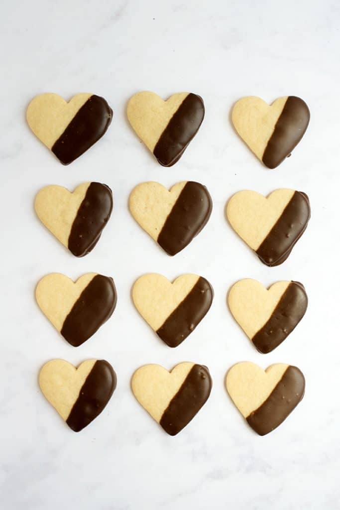 Chocolate Dipped Heart Shortbread Cookies for Valentine's Day,.