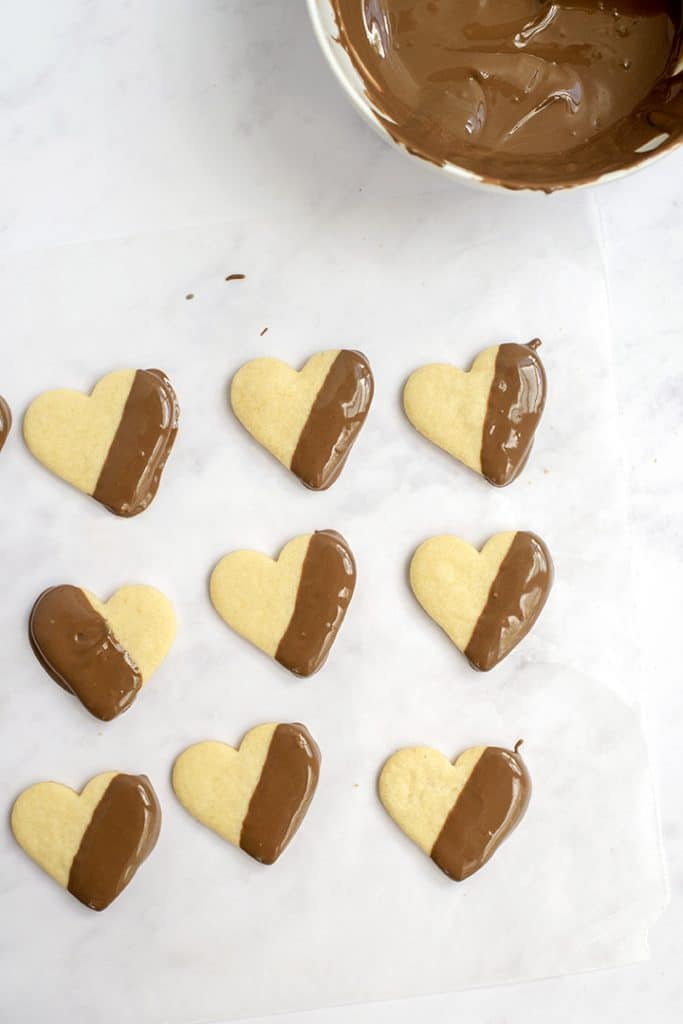 Heart-shaped Chocolate Dipped Shortbread Cookies.