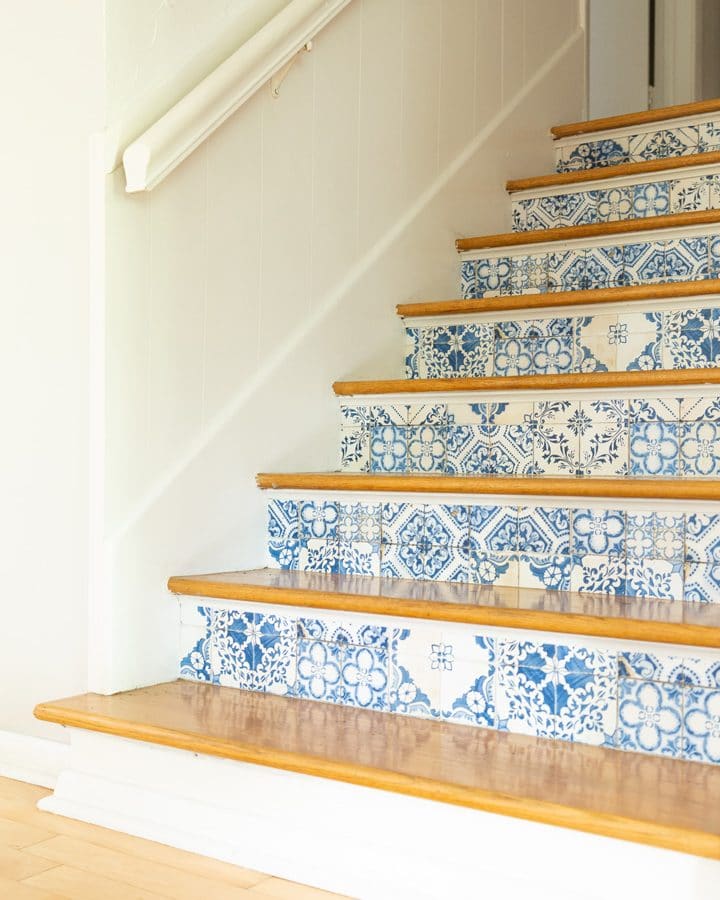 DIY Tile Patterned Stair Risers with removable wallpaper for $30 #DIY