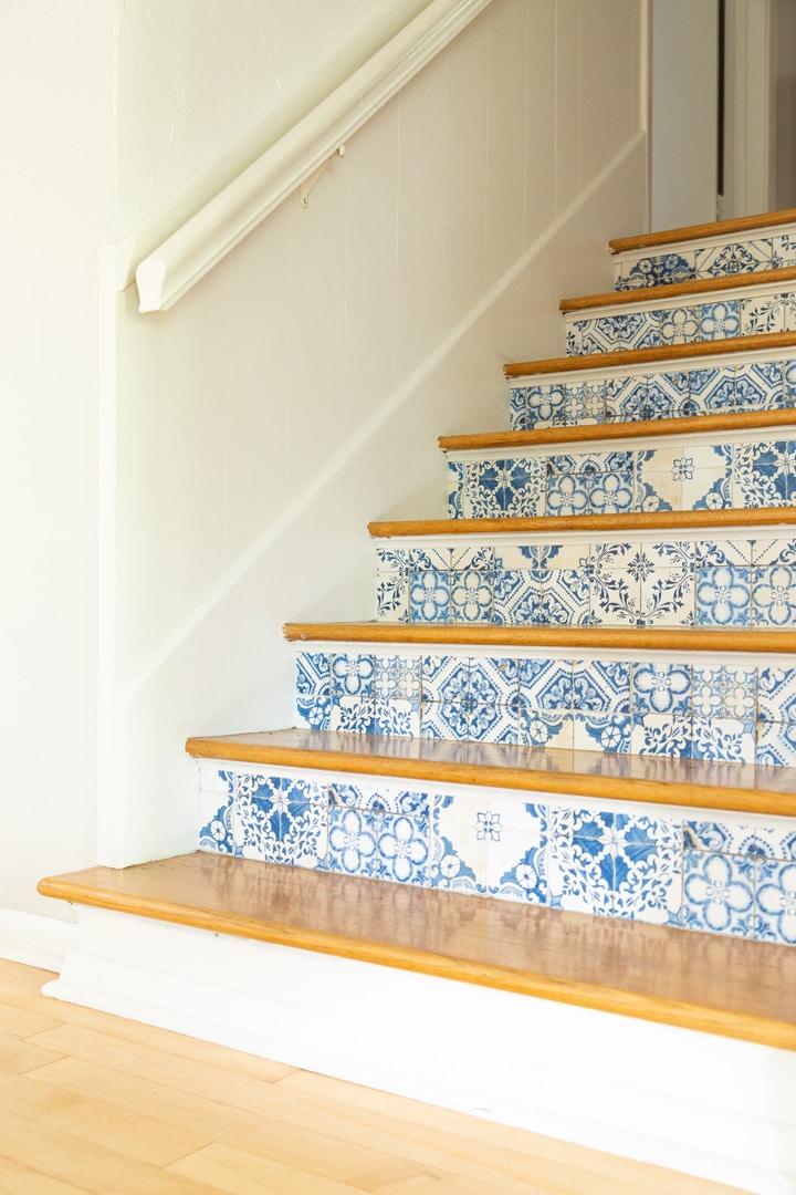 DIY Tile Patterned Stair Risers with removable wallpaper for $30 #DIY