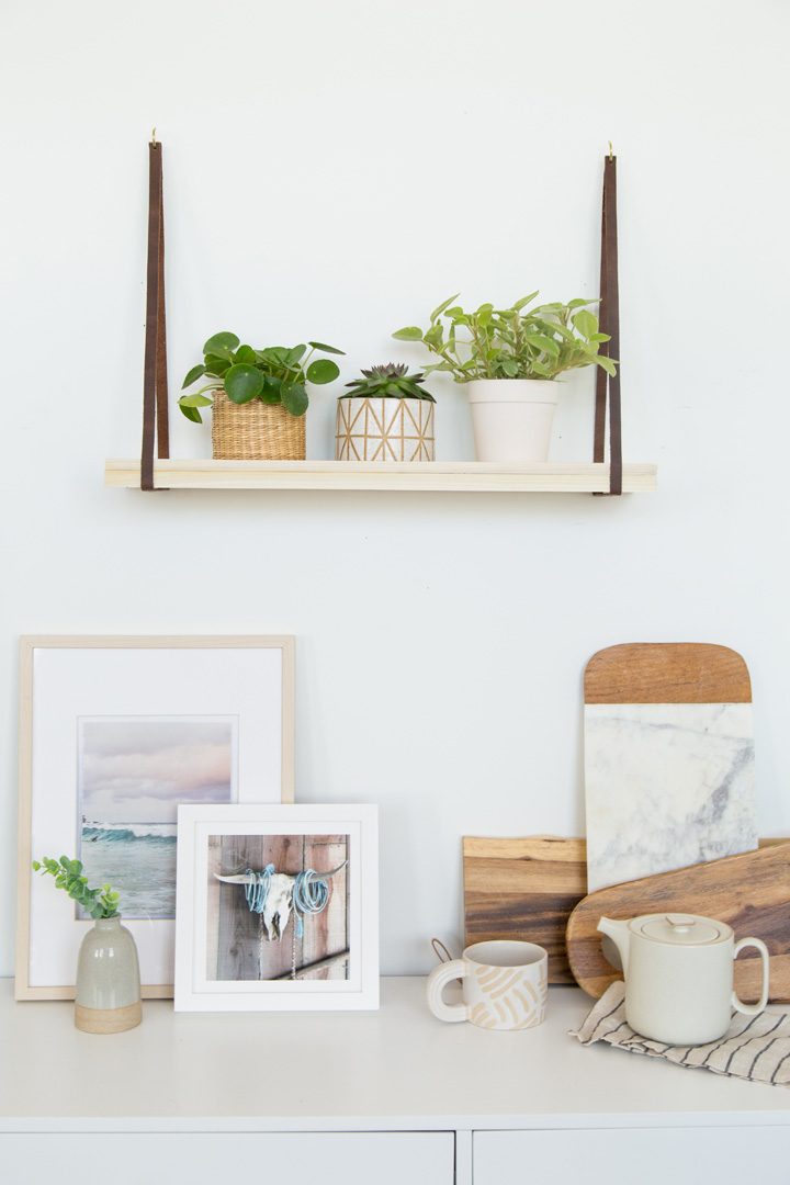 DIY Leather and Wood Plant Shelf