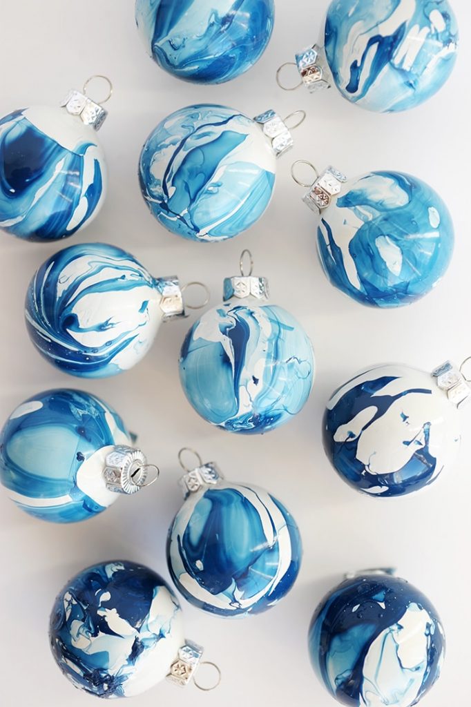 blue and white marbled ornaments 