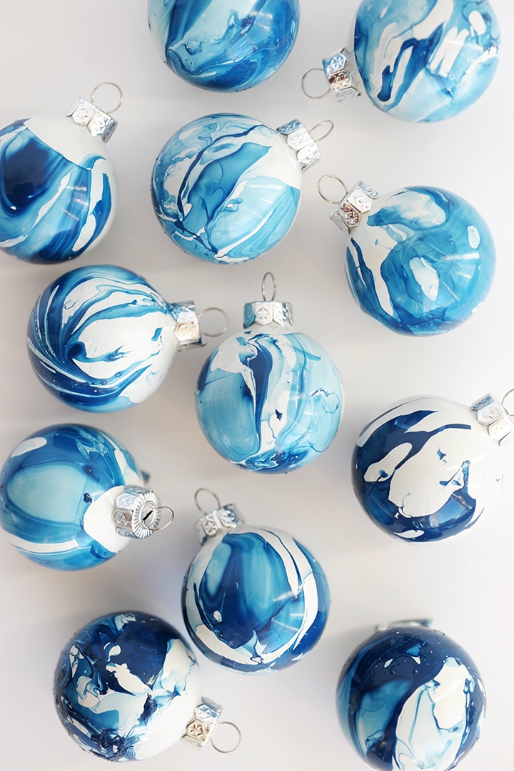 blue and white marbled ornaments