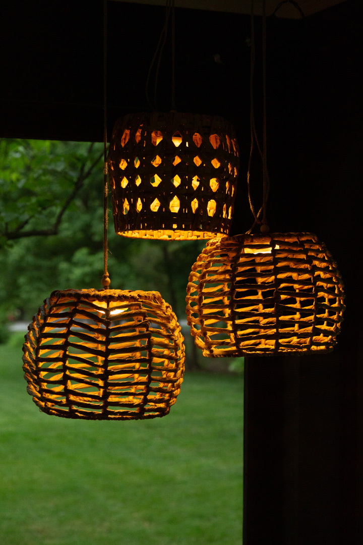 hanging basket lights outside at night