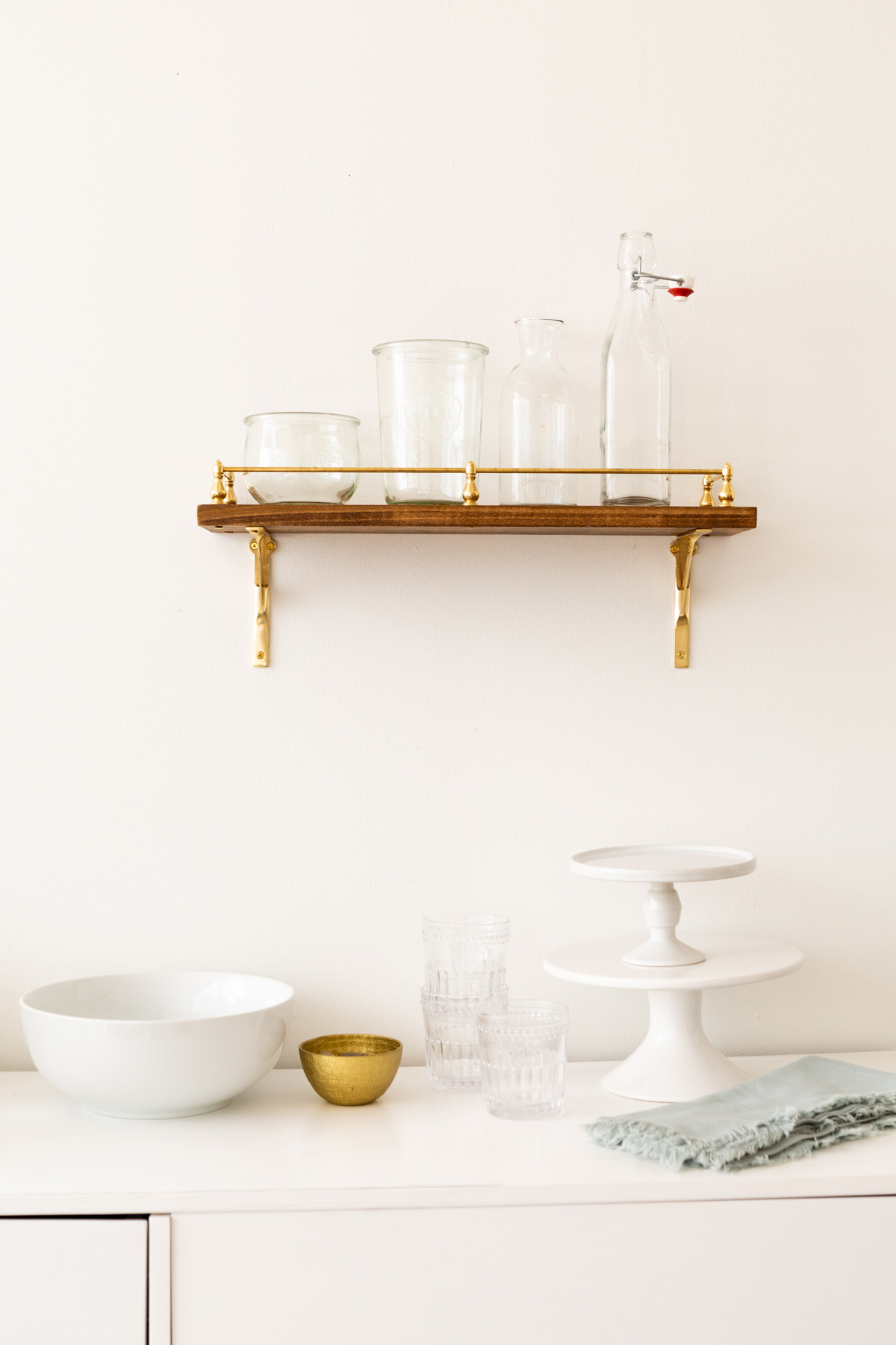 Wet Bar Thin Floating Shelves with Brass Shelf Rail - Simply Aligned Home